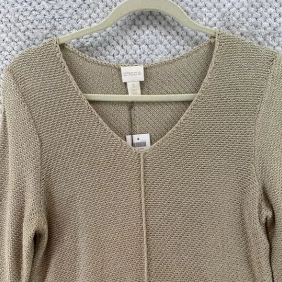 Chico's Sweater 1 M/8 Khaki Metallic Slanted Hem Heidi Pullover 3/4 Sleeves New - Picture 3 of 7